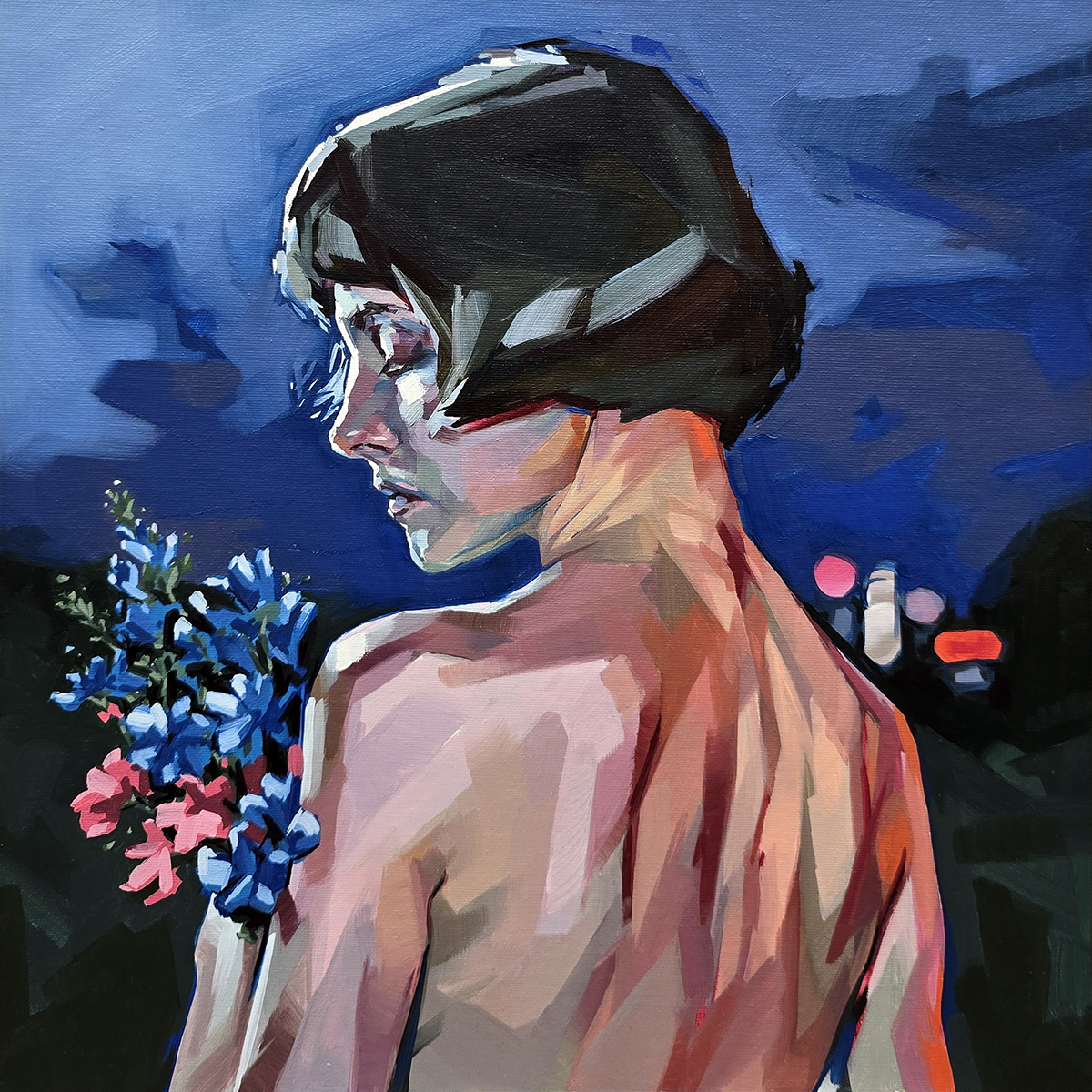 Backlit by Flowers and Neon_oilonlcanvas_30x30cm